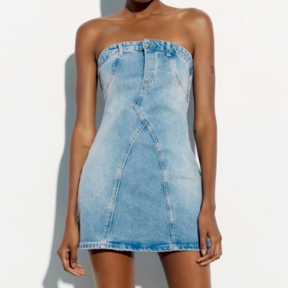 Zara strapless denim mini dress, XS, blue jean Cowgirl Festival Western Summer - Picture 1 of 8